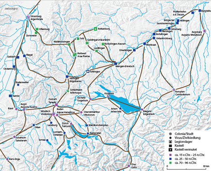 Die wichtigsten römischen Verkehrsverbindungen um den Bodensee. Karte: Swisstopo (BA17057).