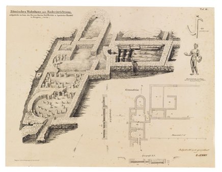 Das von Samuel Jenny 1870 ausgegrabene und dokumentierte Wohnhaus mit Bad (Nr. 14). Plan: vorarlberg museum.