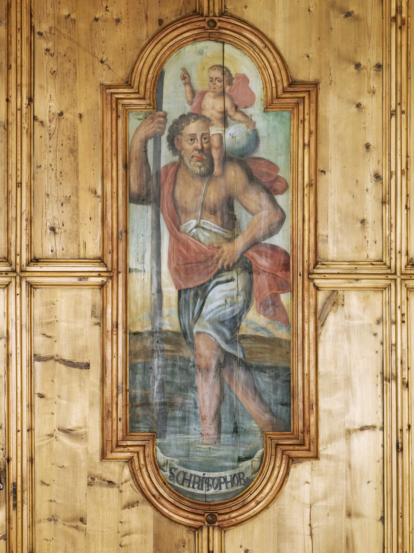 Hl. Christophorus, Ausschnitt aus den Vierzehn Nothelfern, Deckenbild aus der Pfarrkirche Bartholomäberg, Michael Lorünser, 1732; Foto: Dieter Petras