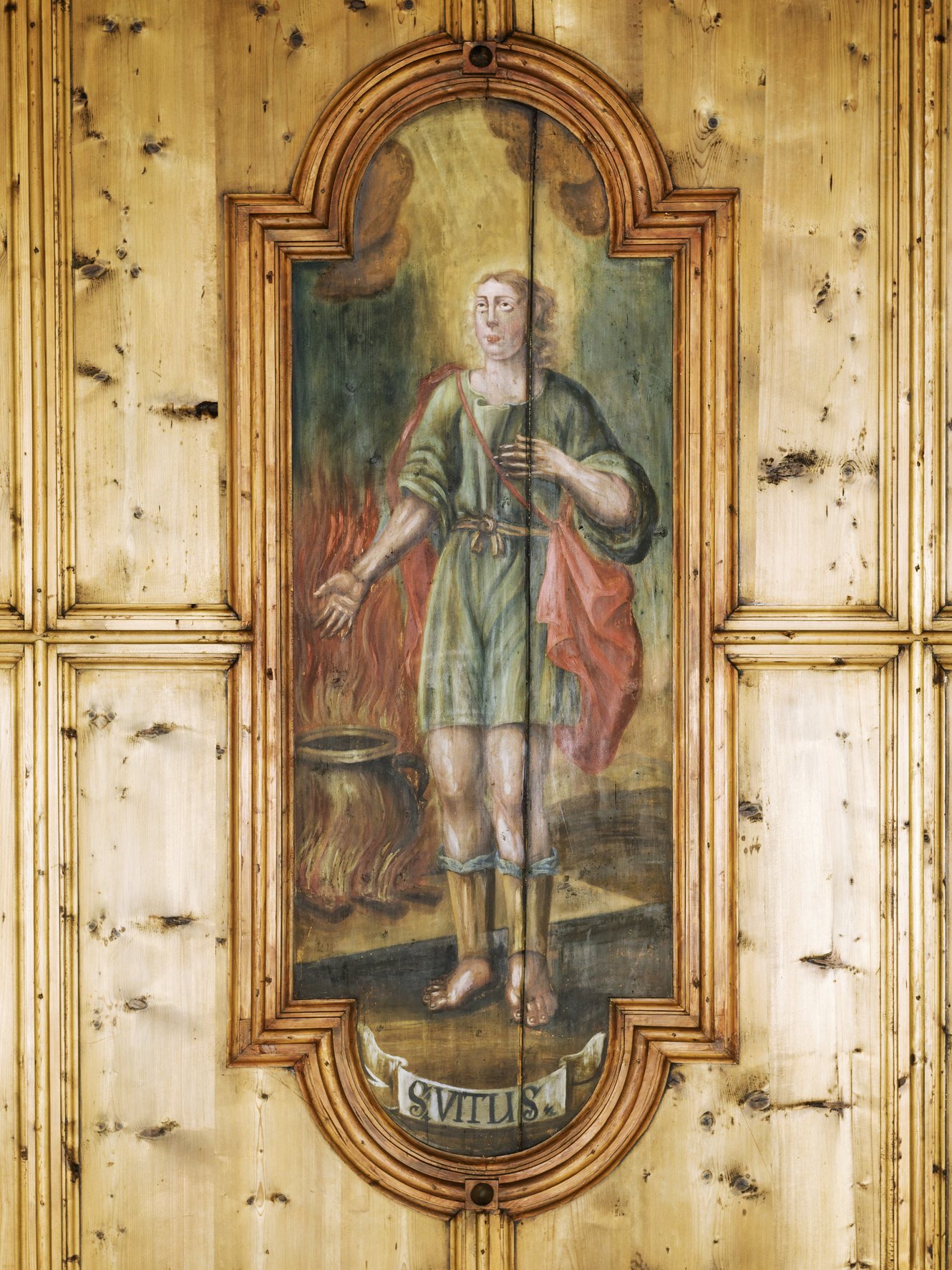 Hl. Vitus, Ausschnitt aus den Vierzehn Nothelfern, Deckenbild aus der Pfarrkirche Bartholomäberg, Michael Lorünser, 1732; Foto: Dieter Petras