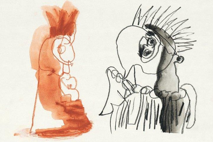 Abb. 6: „Königspaar mit Hexe“, 1989, Kohle, Rötel, Tusche, laviert, 22,5 × 31 cm