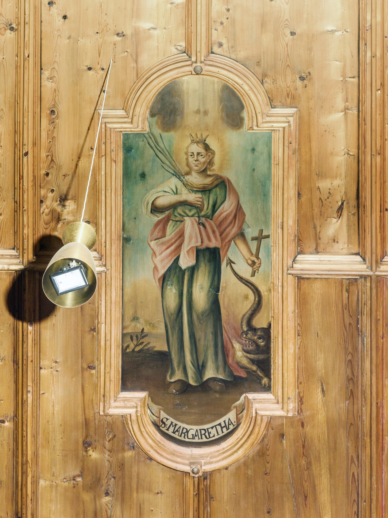 Hl. Margareta von Antiochien, Ausschnitt aus den Vierzehn Nothelfern, Deckenbild aus der Pfarrkirche Bartholomäberg, Michael Lorünser, 1732; Foto: Dieter Petras